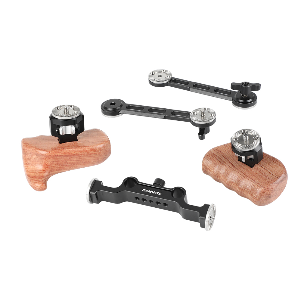 CAMVATE ARRI Rosette Connection Handgrip Pair (Wood) With 15mm Rod Clamp For DLSR Camera Shoulder Rig