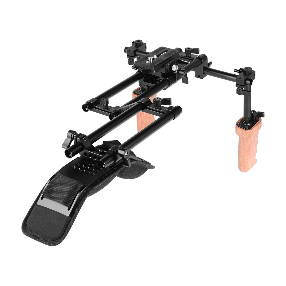 CAMVATE Pro Shoulder Mount 15mm Rod Supporting Rig With Manfrotto QR Plate & Wooden Handgrip Pair For HDSLR Camera / DV Camcorder