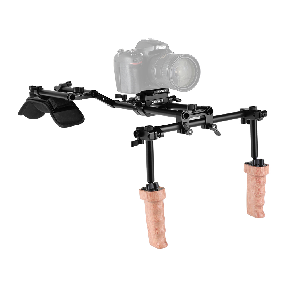 CAMVATE Pro Shoulder Mount 15mm Rod Supporting Rig With Manfrotto QR Plate & Wooden Handgrip Pair For HDSLR Camera / DV Camcorder