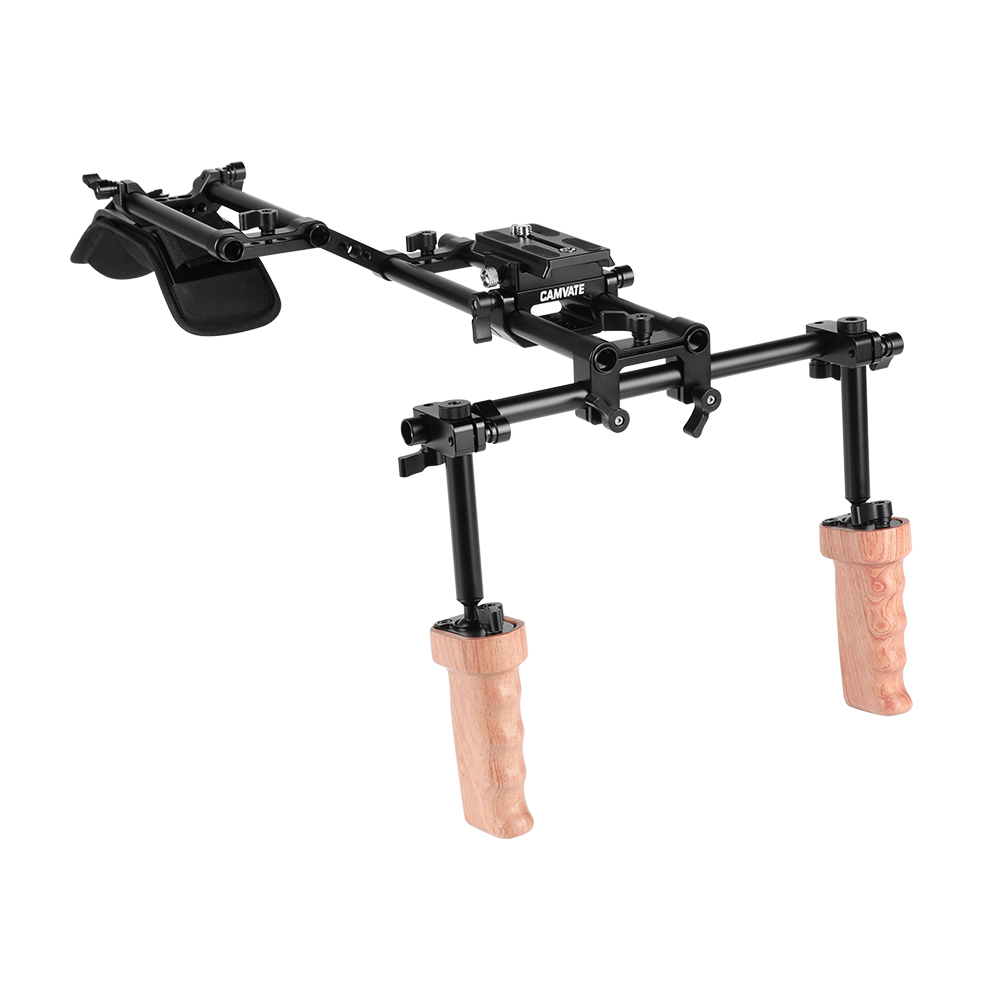 CAMVATE Pro Shoulder Mount 15mm Rod Supporting Rig With Manfrotto QR Plate & Wooden Handgrip Pair For HDSLR Camera / DV Camcorder