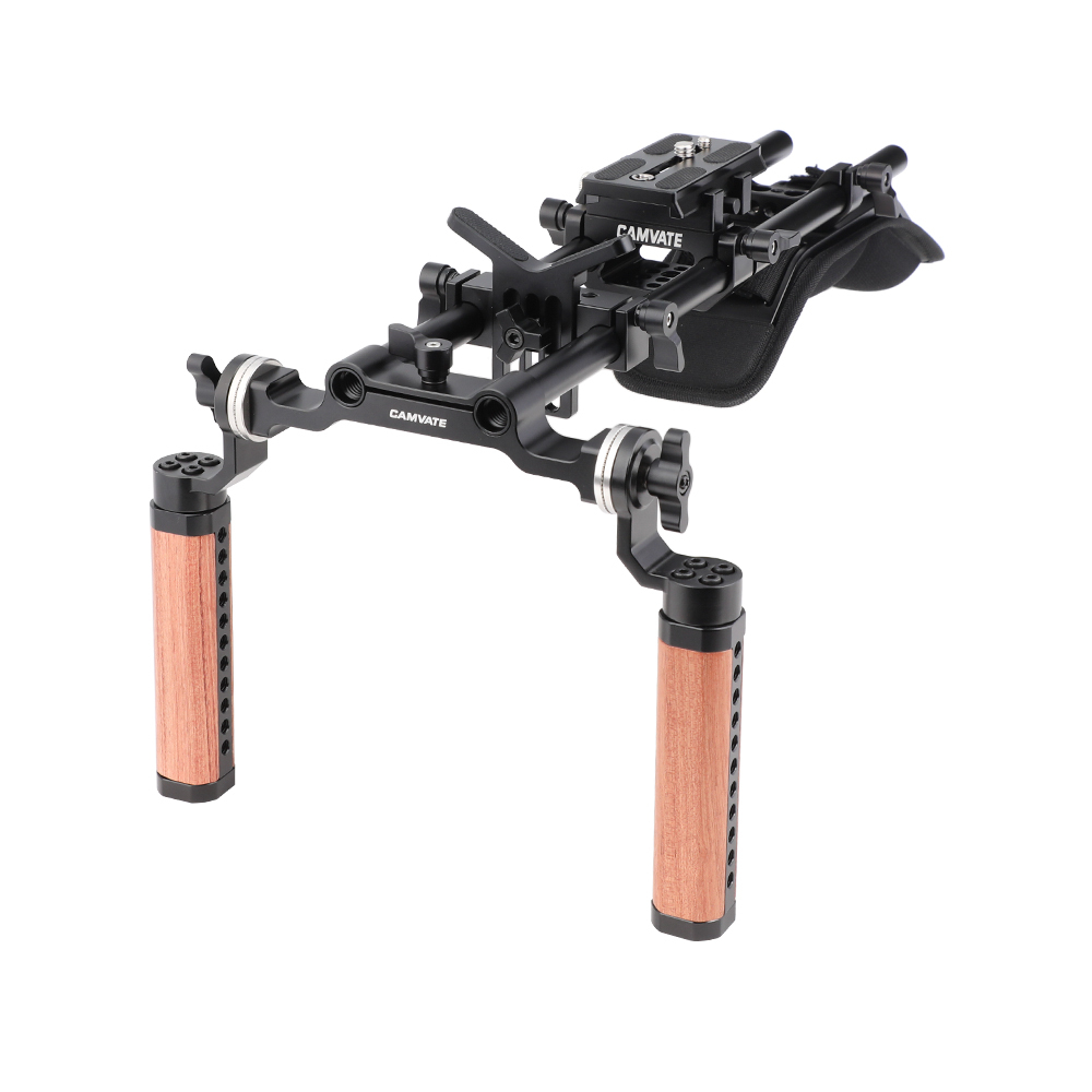 CAMVATE Pro Shoulder Mount Support Rig With Manfrotto QR Baseplate & Dual Rosette Handgrip & Lens Support For DV Camcorder
