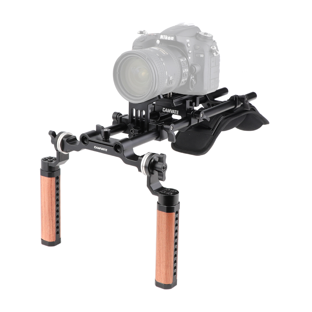 CAMVATE Pro Shoulder Mount Support Rig With Manfrotto QR Baseplate & Dual Rosette Handgrip & Lens Support For DV Camcorder