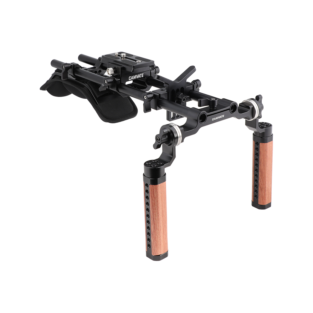 CAMVATE Pro Shoulder Mount Support Rig With Manfrotto QR Baseplate & Dual Rosette Handgrip & Lens Support For DV Camcorder