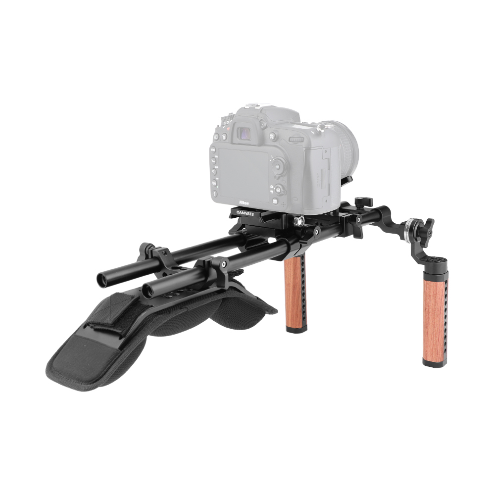 CAMVATE Pro Shoulder Mount Support Rig With Manfrotto QR Baseplate & Dual Rosette Handgrip & Lens Support For DV Camcorder