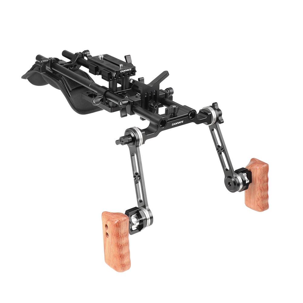 CAMVATE Pro Shoulder Mount Rig With Manfrotto QR Baseplate & Adjustable Rosette Wooden Grip & Lens Support For DSLR Camera & DV Camcorder