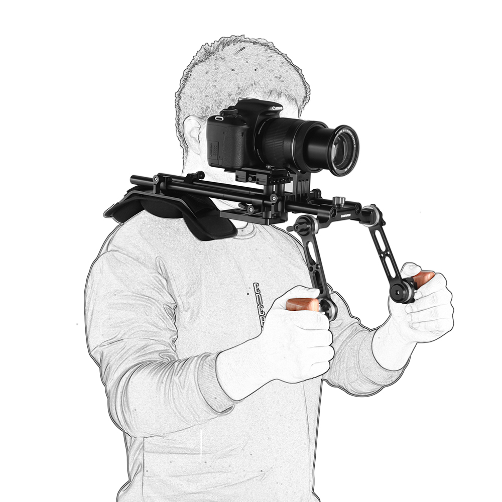 CAMVATE Pro Shoulder Mount Rig With Manfrotto QR Baseplate & Adjustable Rosette Wooden Grip & Lens Support For DSLR Camera & DV Camcorder