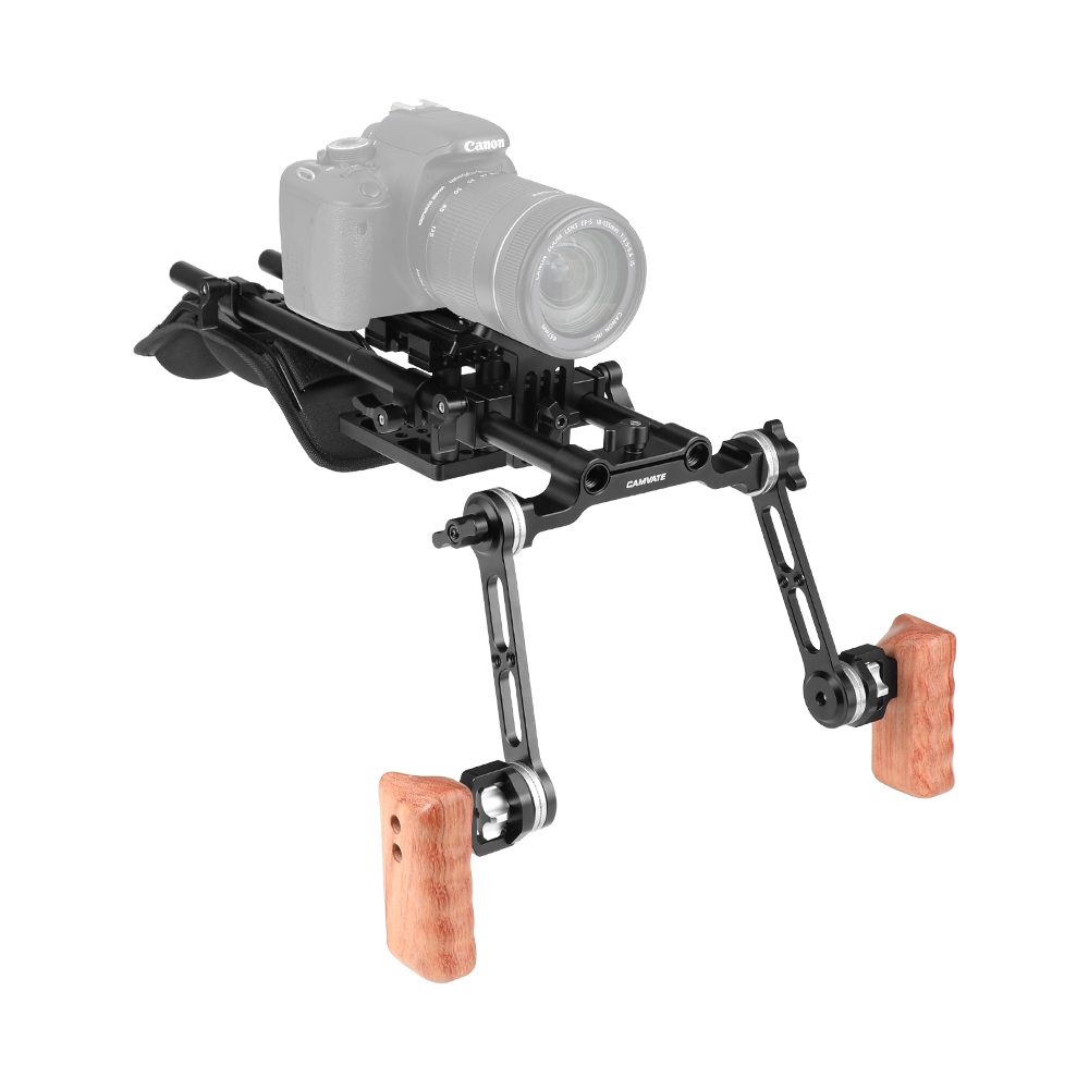 CAMVATE Pro Shoulder Mount Rig With Manfrotto QR Baseplate & Adjustable Rosette Wooden Grip & Lens Support For DSLR Camera & DV Camcorder