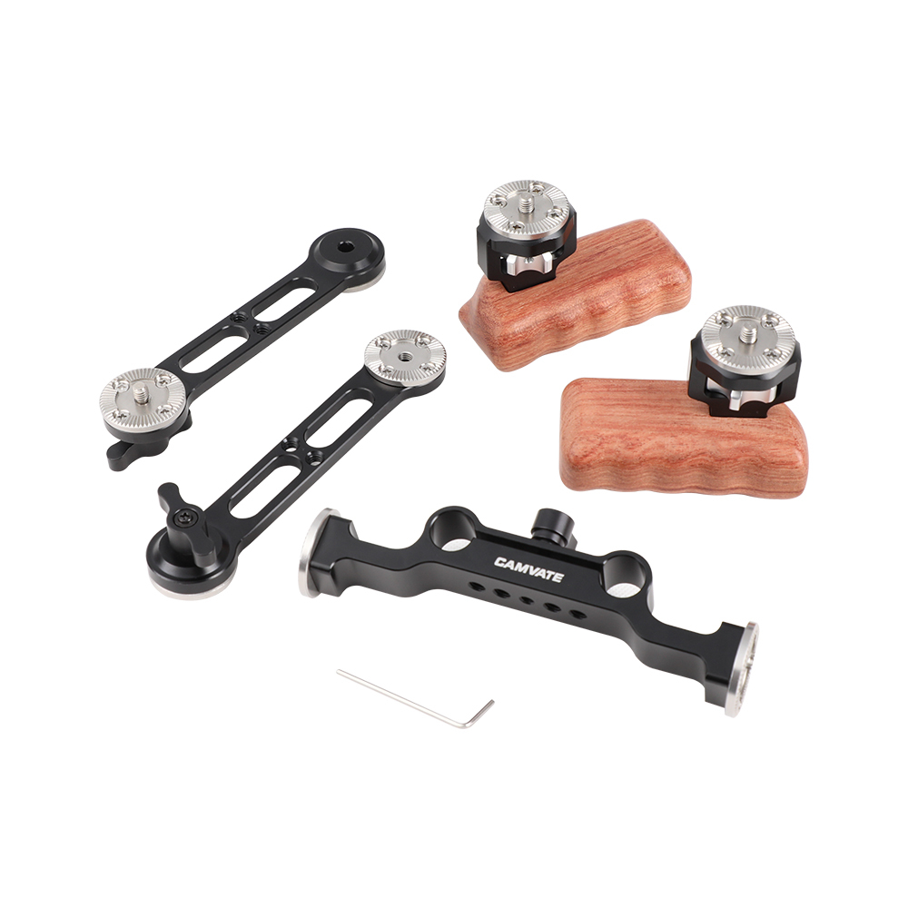 CAMVATE Adjustable ARRI Rosette Extension Arm Handgrip Pair (Wood) With 15mm Railblock For DLSR Camera Shoulder Rig