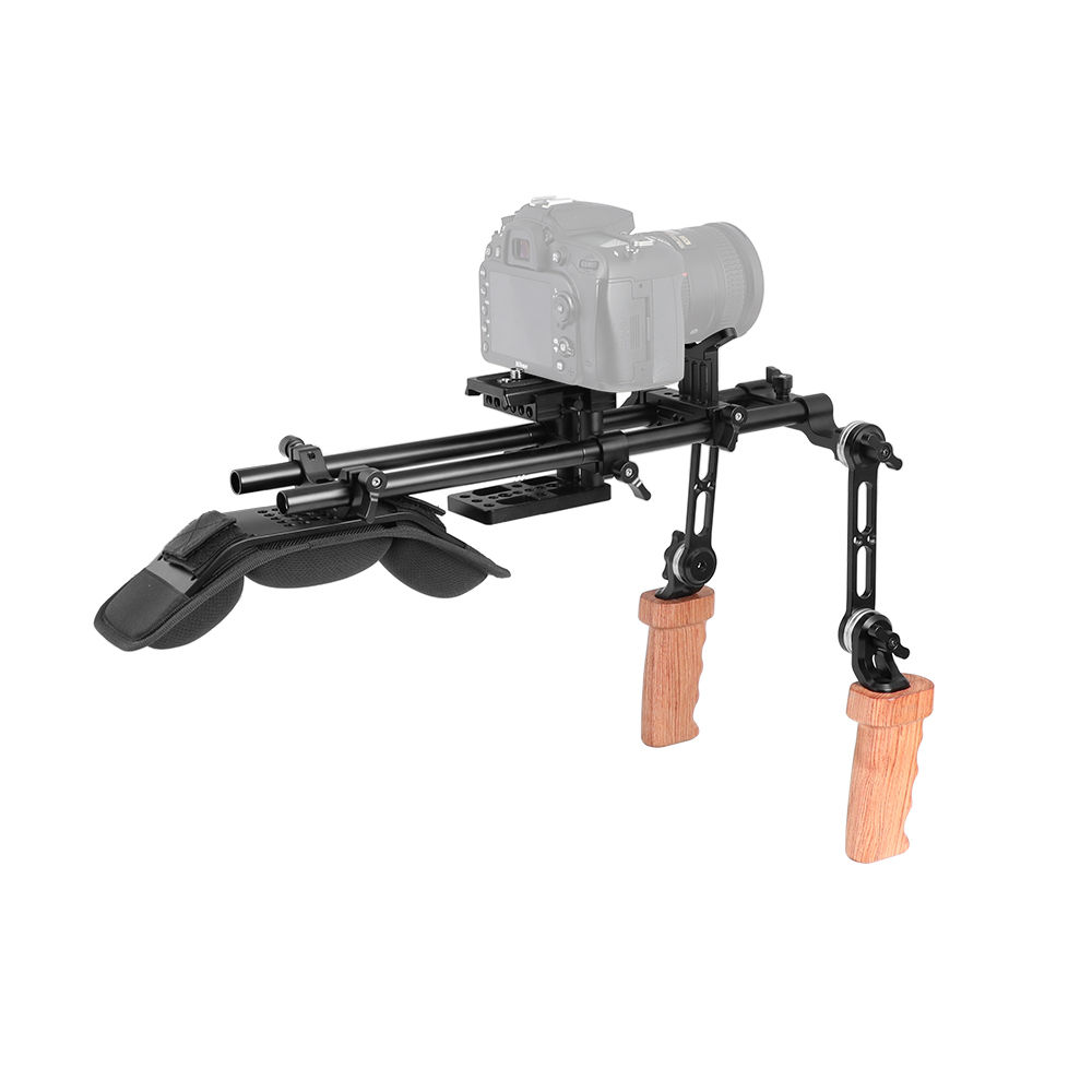 CAMVATE Pro Shoulder Support Rig With Manfrotto Quick Release Plate & Dual Rosette Hand Grip (Wood) & Lens Support
