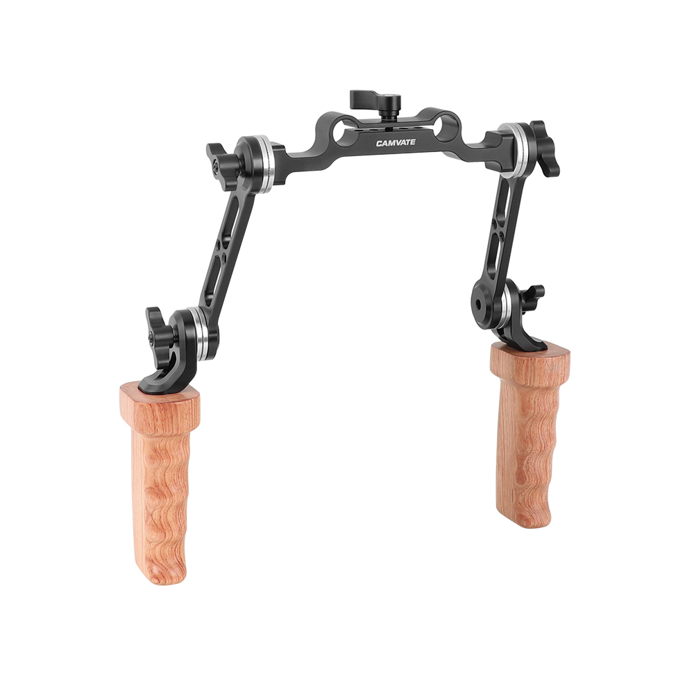 CAMVATE Dual Wooden Handgrip With ARRI Rosette Extension Arm & 15mm Railblock For DLSR Camera Shoulder Rig