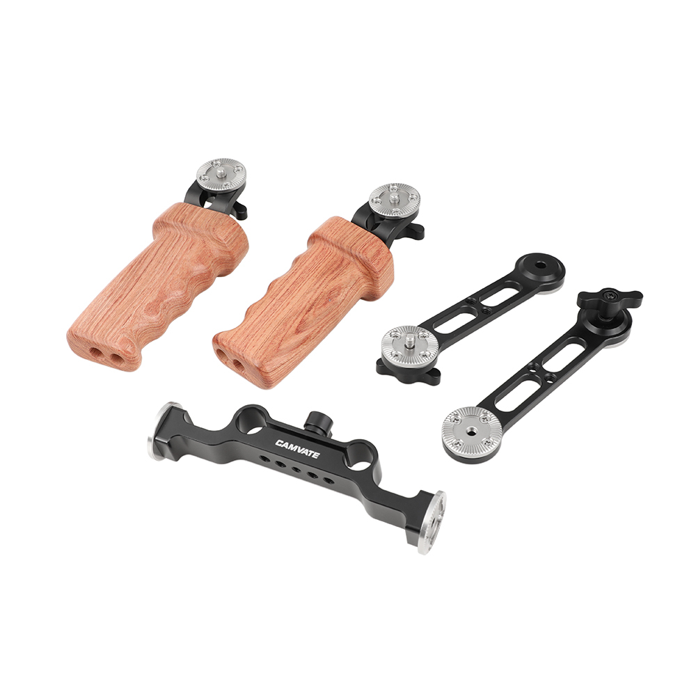 CAMVATE Dual Wooden Handgrip With ARRI Rosette Extension Arm & 15mm Railblock For DLSR Camera Shoulder Rig