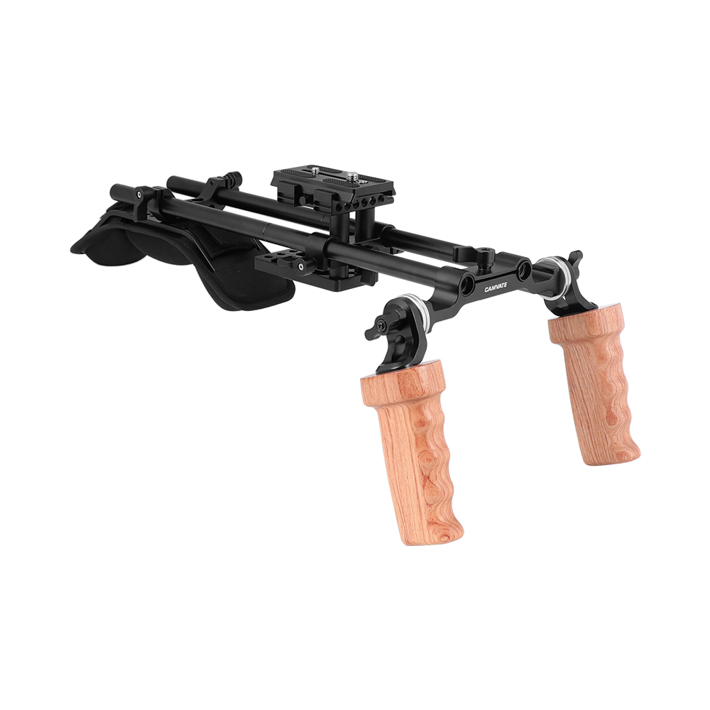 CAMVATE Pro Shoulder Support Rig With Manfrotto Quick Release Plate & Dual Wooden Hand Grip Rosette Connection