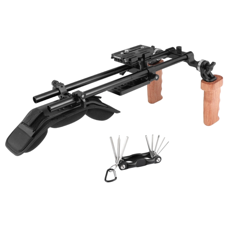 CAMVATE Pro Shoulder Support Rig With Manfrotto Quick Release Plate & Dual Wooden Hand Grip Rosette Connection