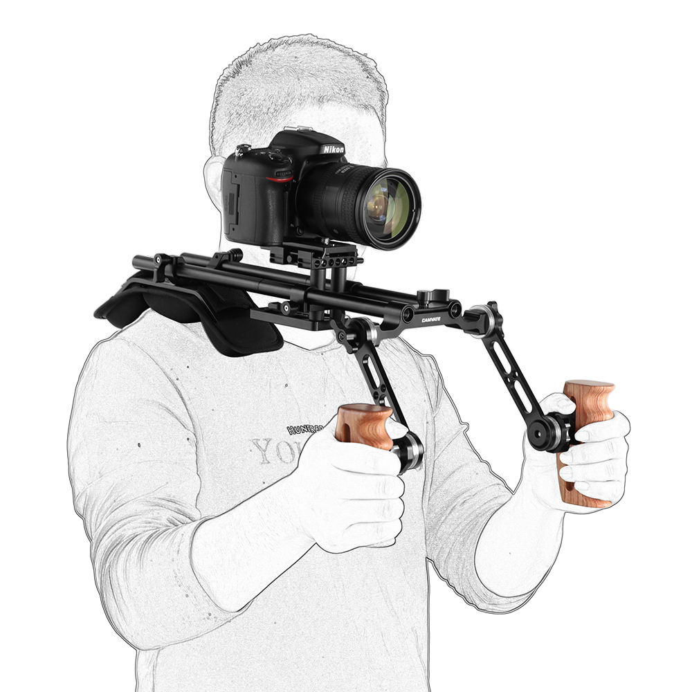 CAMVATE Pro Shoulder Support Rig With Manfrotto Quick Release Baseplate & ARRI Rosette Extension Arm Wooden Hand Grip Pair