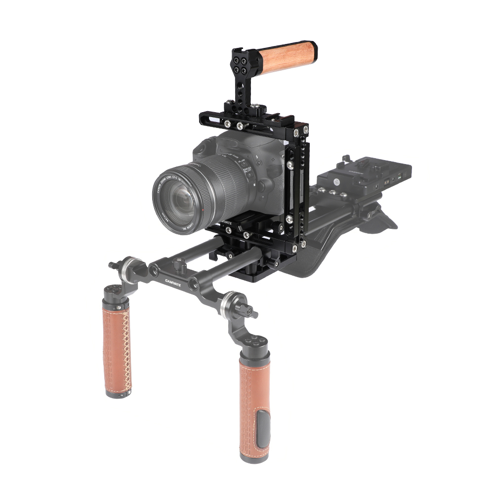 CAMVATE Extension-type Half Cage Kit With Manfrotto Quick Release Plate & Adjustable 15mm Railblock Base & Wooden Top Handle