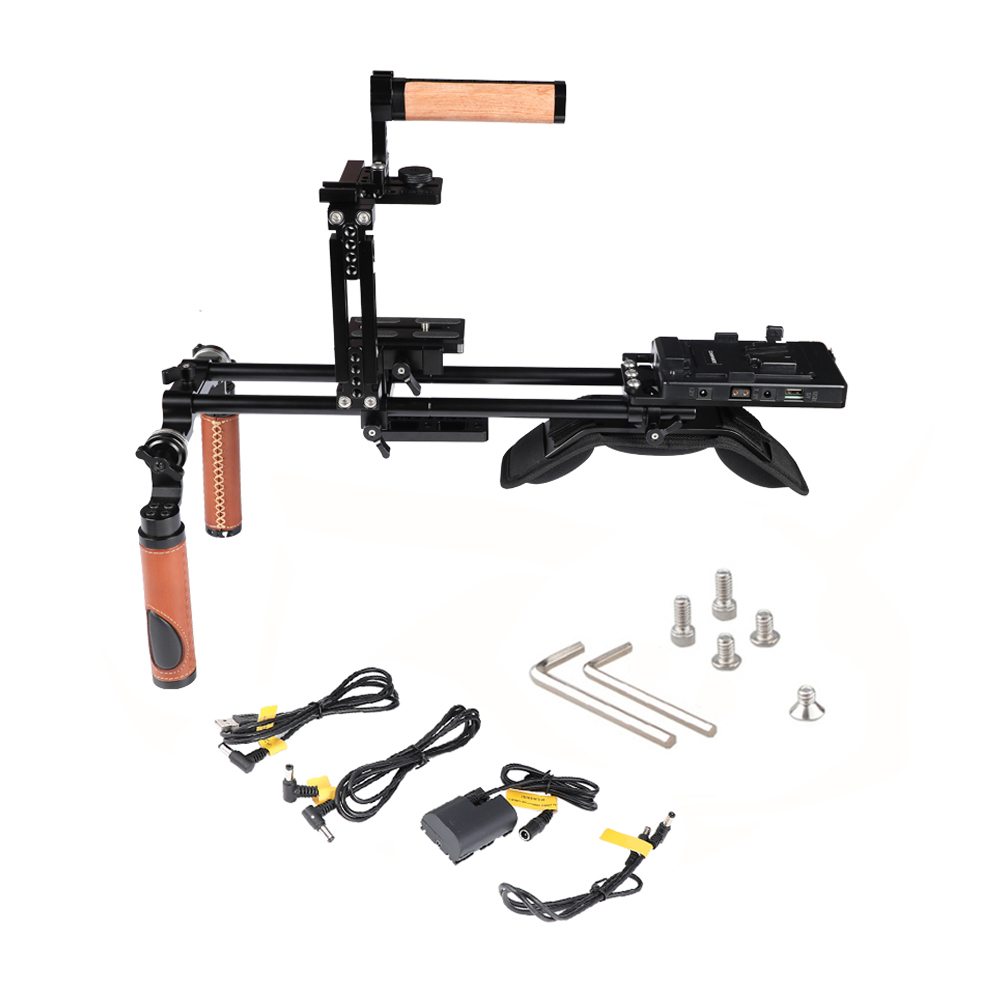 CAMVATE Pro Shoulder Mount Rig + Extension-type Half Cage With Manfrotto Quick Release Plate + V Mount Power Splitter