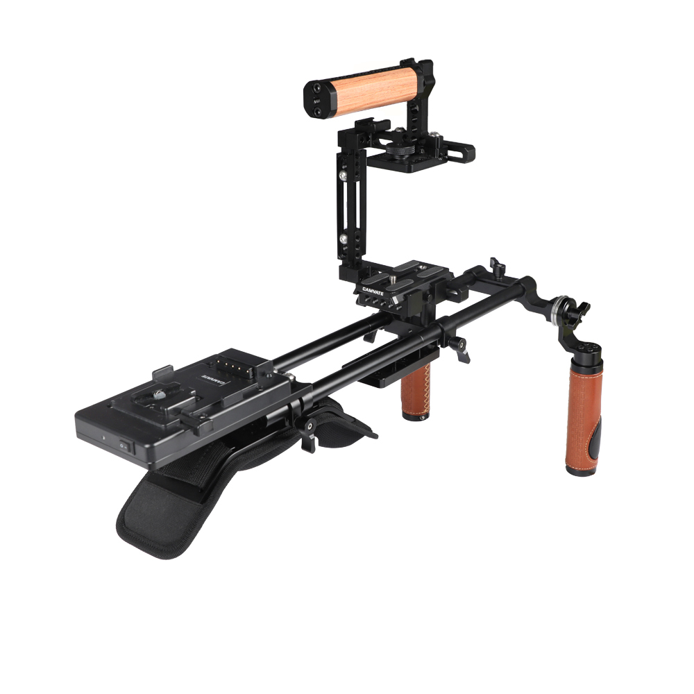CAMVATE Pro Shoulder Mount Rig + Extension-type Half Cage With Manfrotto Quick Release Plate + V Mount Power Splitter