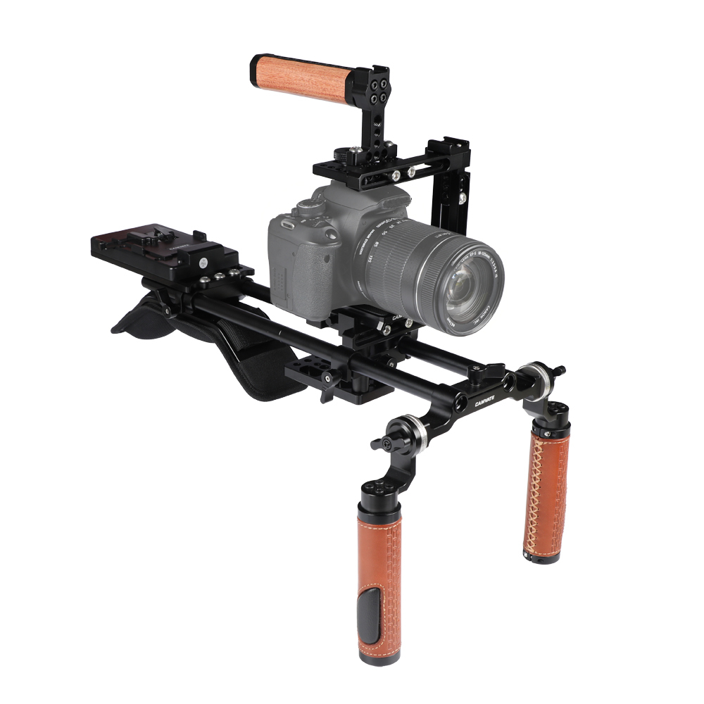 CAMVATE Pro Shoulder Mount Rig + Extension-type Half Cage With Manfrotto Quick Release Plate + V Mount Power Splitter