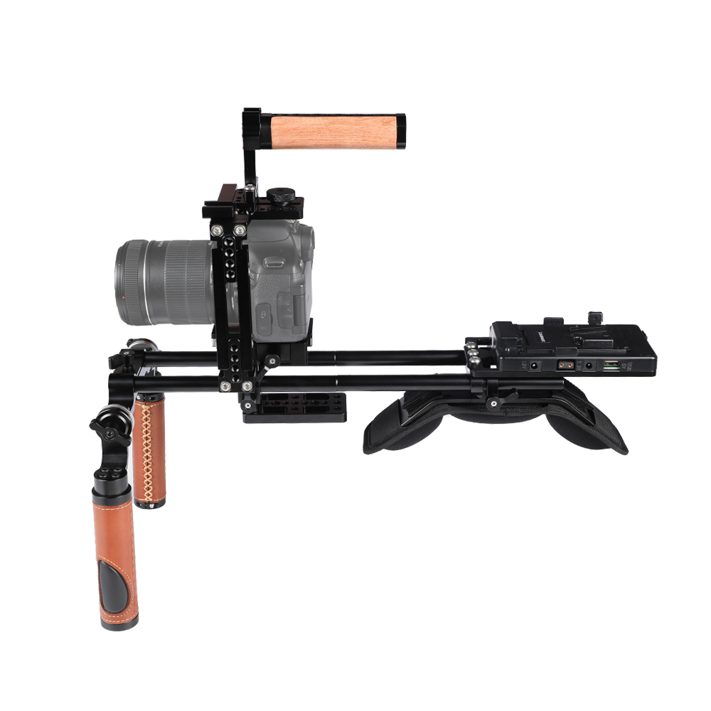 CAMVATE Pro Shoulder Mount Rig + Extension-type Half Cage With Manfrotto Quick Release Plate + V Mount Power Splitter