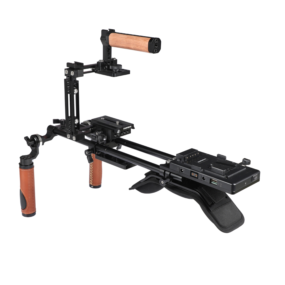 CAMVATE Pro Shoulder Mount Rig + Extension-type Half Cage With Manfrotto Quick Release Plate + V Mount Power Splitter