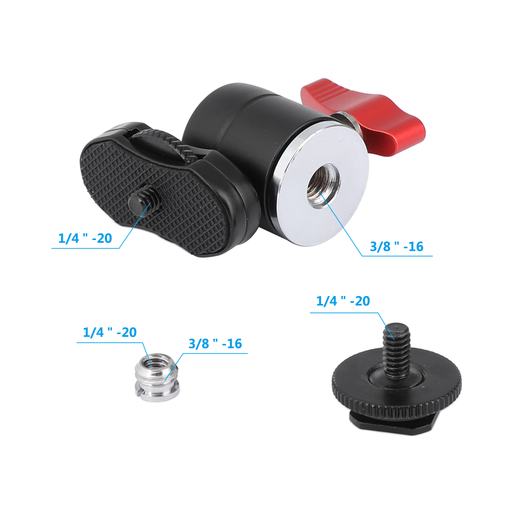 CAMVATE 1/4"-20 Male Thread Mini Ball Head With Shoe Mount Adapter & Red Ratchet Locking Knob