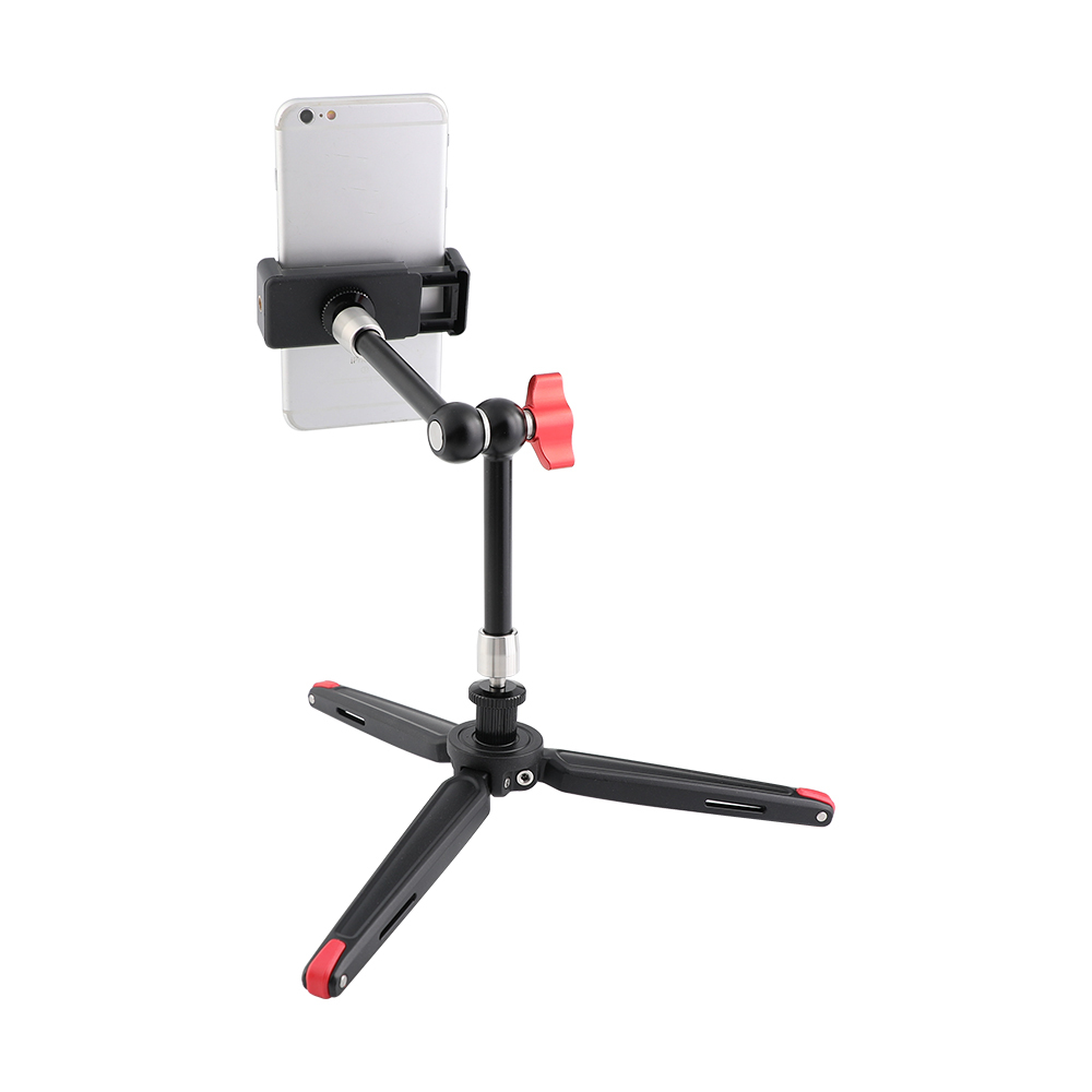 CAMVATE Firm Foldable Mini Tabletop Tripod + 11" Magic Arm With 1/4" Threads + Cellphone Clip