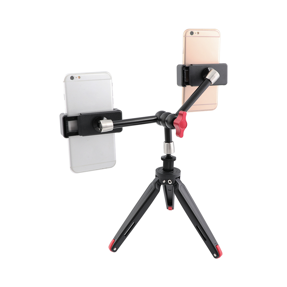 CAMVATE Foldable Mini Tabletop Tripod + 11" Triple Articulating Magic Arm With 1/4" Threads + Double Smartphone Clips