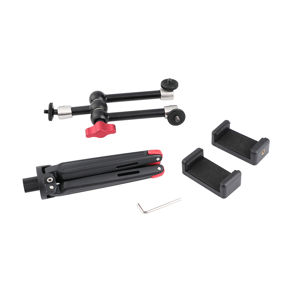 CAMVATE Foldable Mini Tabletop Tripod + 11" Triple Articulating Magic Arm With 1/4" Threads + Double Smartphone Clips