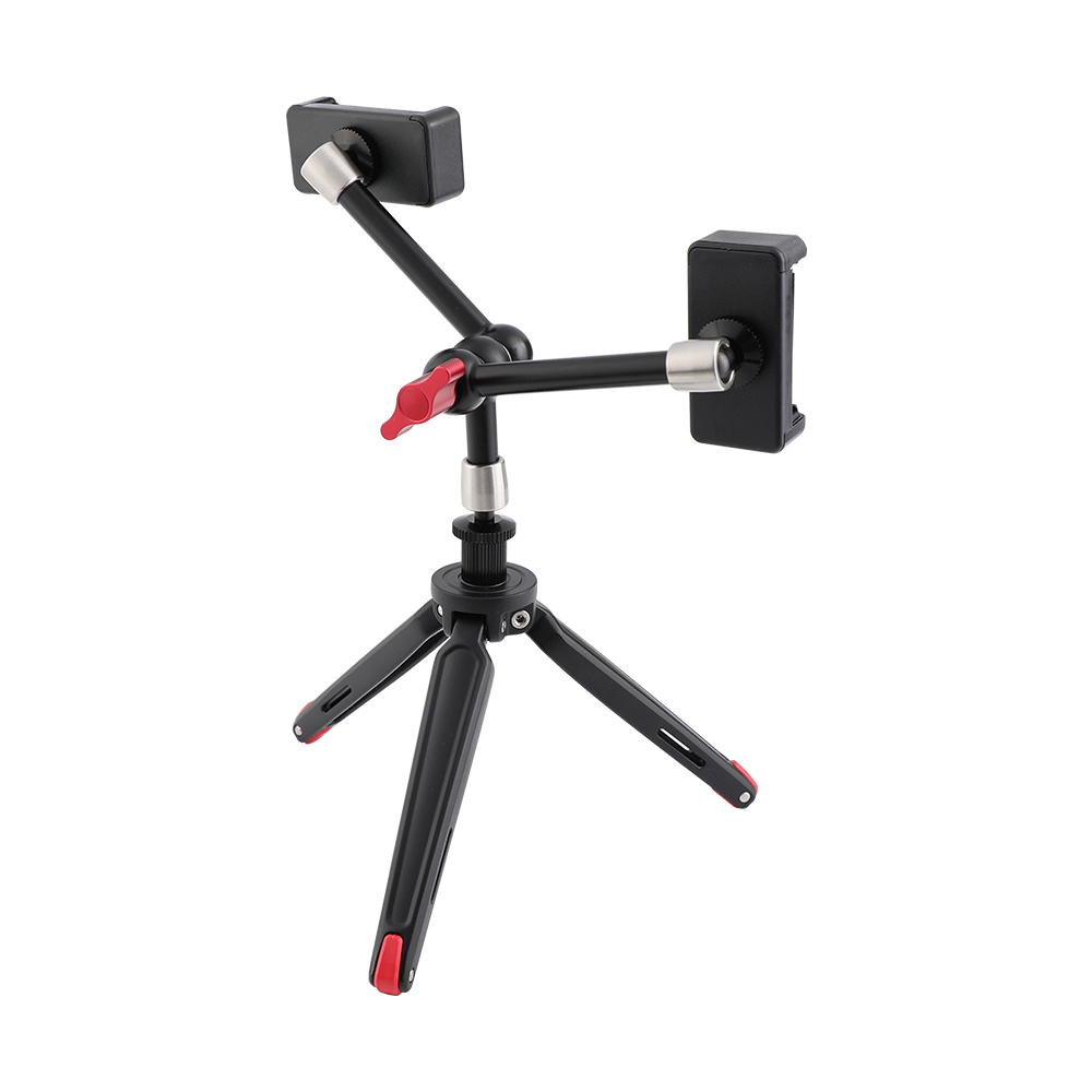 CAMVATE Foldable Mini Tabletop Tripod + 11" Triple Articulating Magic Arm With 1/4" Threads + Double Smartphone Clips