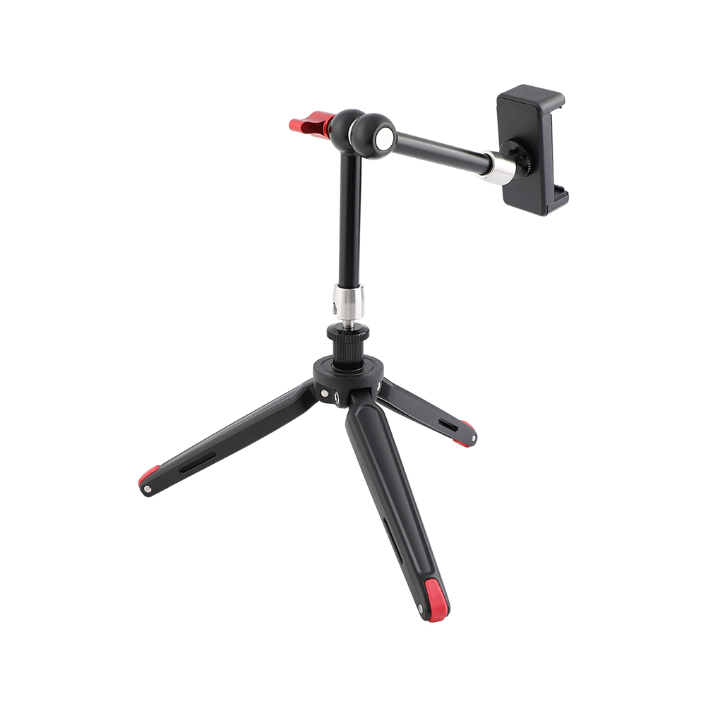 CAMVATE Firm Foldable Mini Tabletop Tripod + 11" Magic Arm With 1/4" Threads + Cellphone Clip