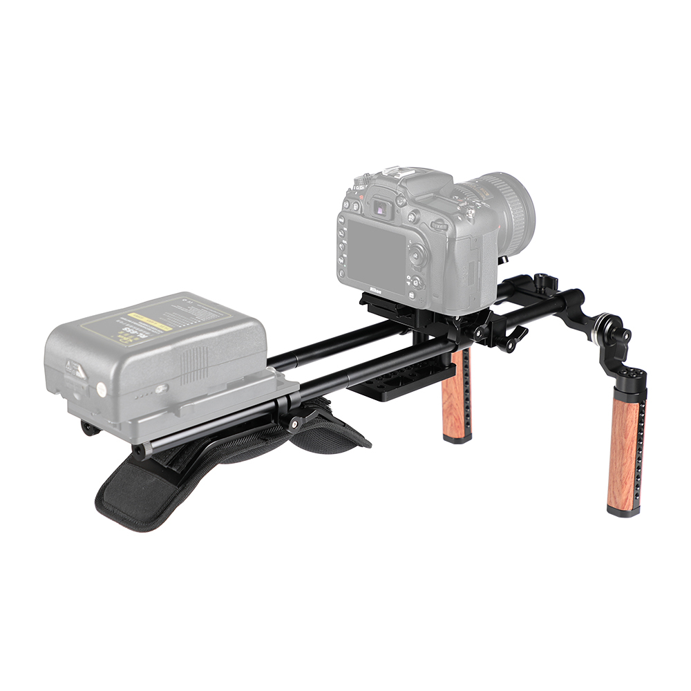 CAMVATE Pro Shoulder Mount Rig With Manfrotto Baseplate & Dual Rosette Wood Handgrip & Lens Support For DV Camcorder