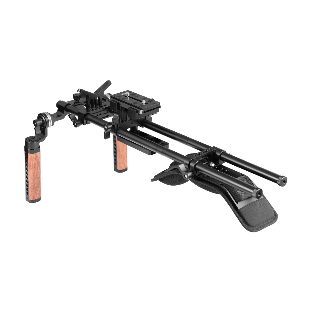 CAMVATE Pro Shoulder Mount Rig With Manfrotto Baseplate & Dual Rosette Wood Handgrip & Lens Support For DV Camcorder