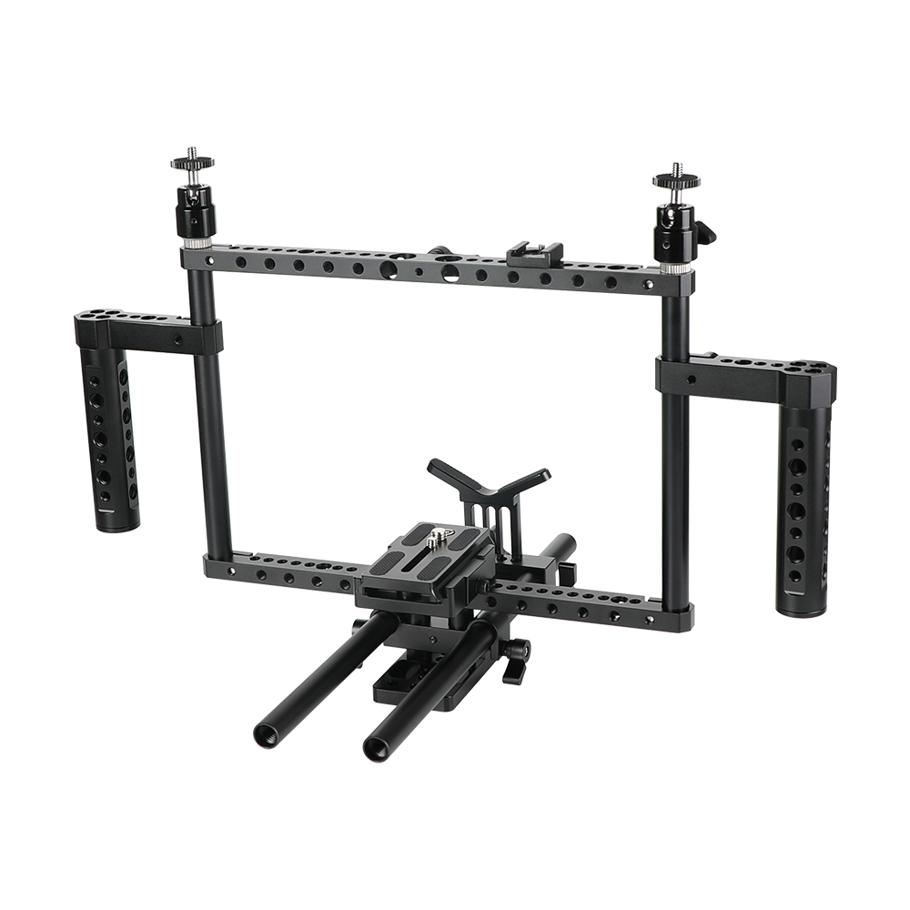 CAMVATE Full Frame DSLR Camera Cage Rig With Adjustable Dual Cheese Handgrip & 15mm Rod Support System & Manfrotto Quick Release Baseplate