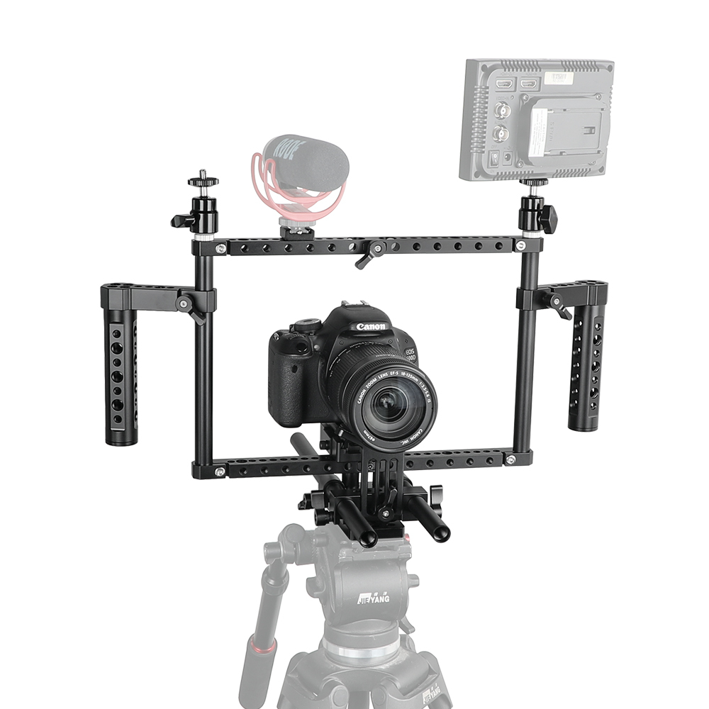 CAMVATE Full Frame DSLR Camera Cage Rig With Adjustable Dual Cheese Handgrip & 15mm Rod Support System & Manfrotto Quick Release Baseplate