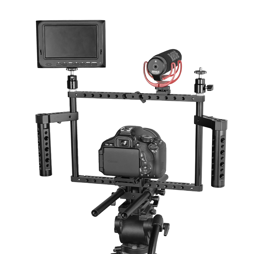 CAMVATE Full Frame DSLR Camera Cage Rig With Adjustable Dual Cheese Handgrip & 15mm Rod Support System & Manfrotto Quick Release Baseplate