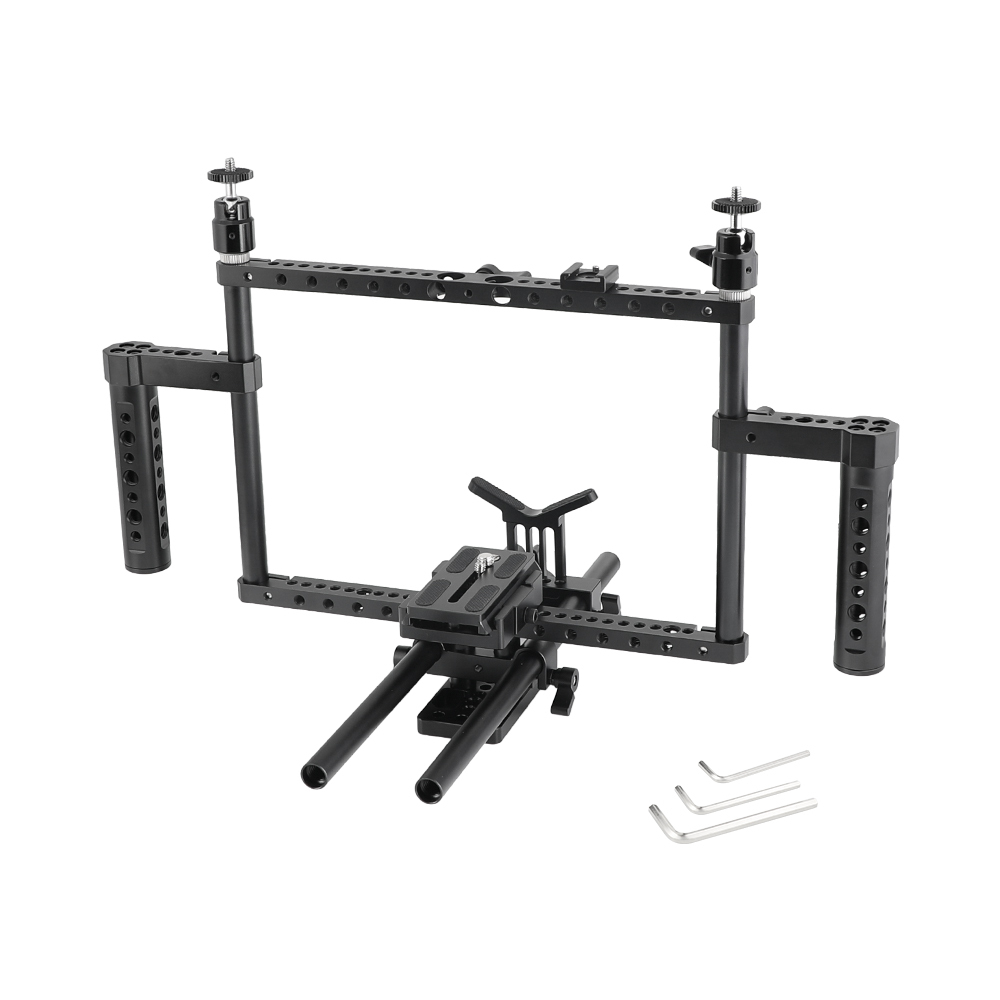 CAMVATE Full Frame DSLR Camera Cage Rig With Adjustable Dual Cheese Handgrip & 15mm Rod Support System & Manfrotto Quick Release Baseplate