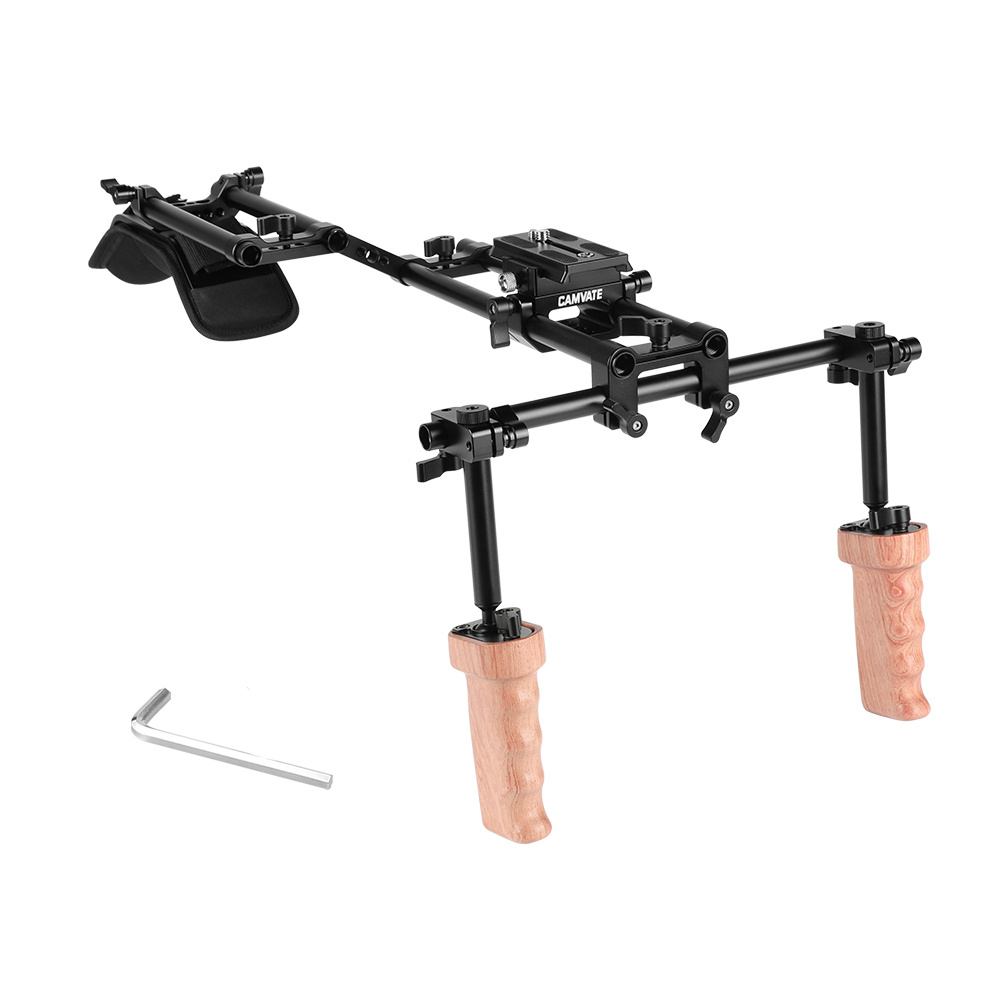CAMVATE Pro Shoulder Mount 15mm Rod Supporting Rig With Manfrotto QR Plate & Wooden Handgrip Pair For HDSLR Camera / DV Camcorder