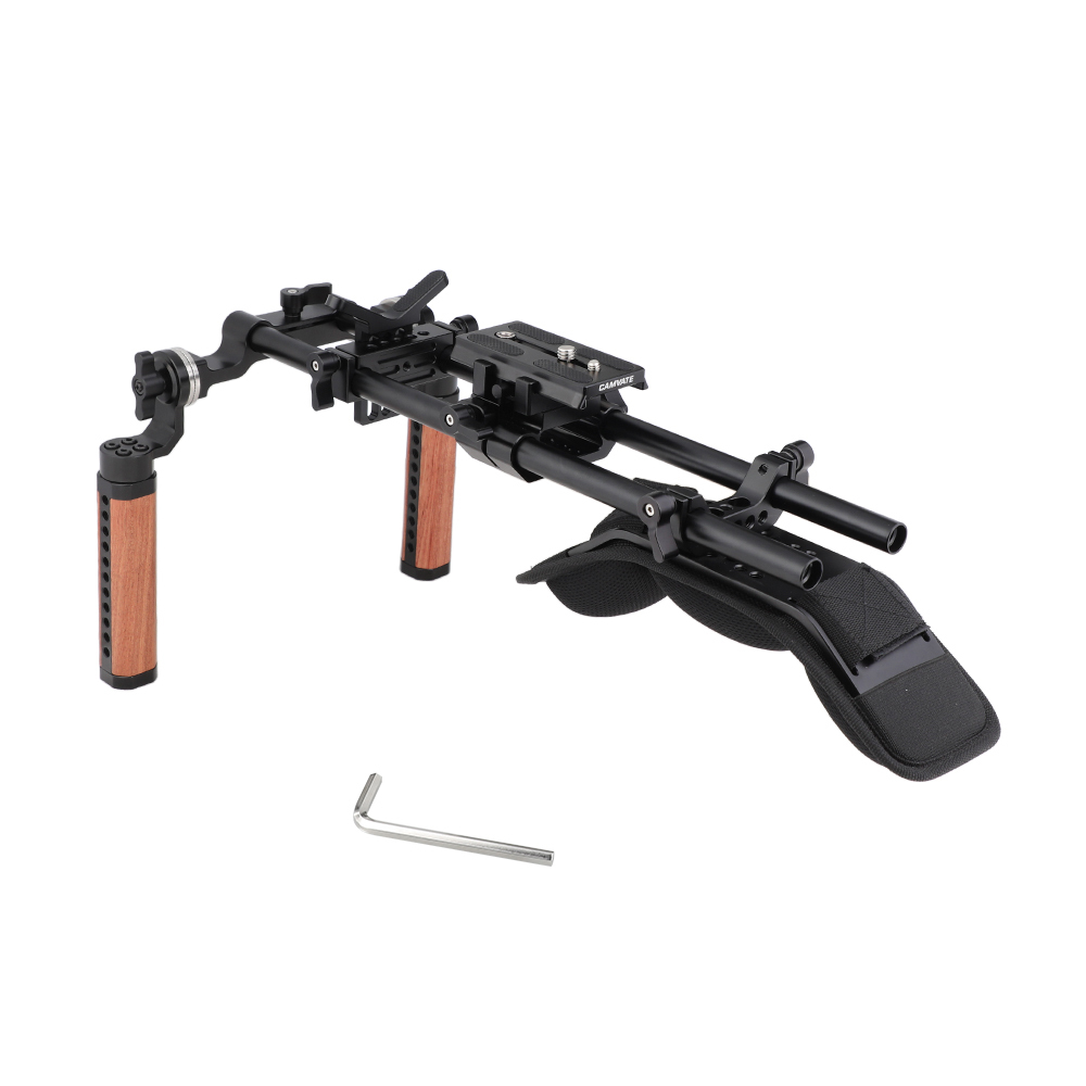 CAMVATE Pro Shoulder Mount Support Rig With Manfrotto QR Baseplate & Dual Rosette Handgrip & Lens Support For DV Camcorder