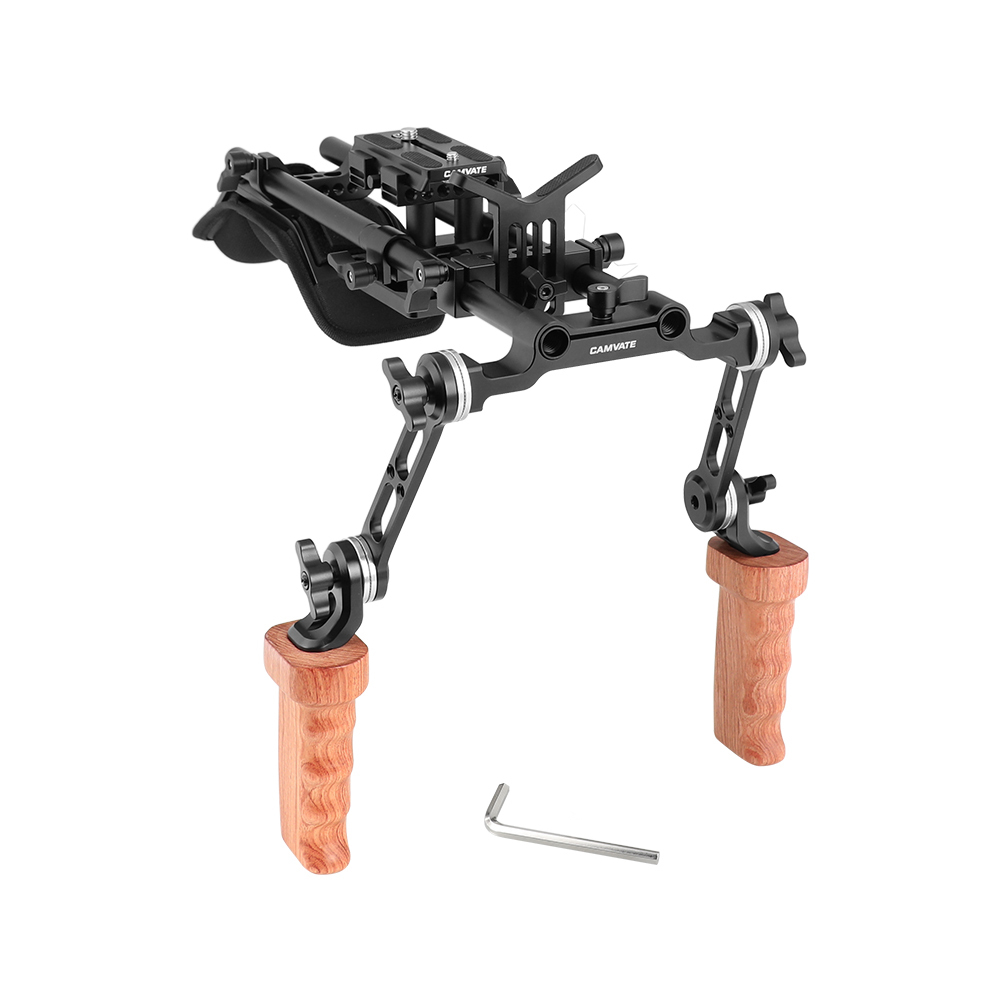 CAMVATE Pro Shoulder Support Rig With Manfrotto Quick Release Plate & Dual Rosette Hand Grip (Wood) & Lens Support