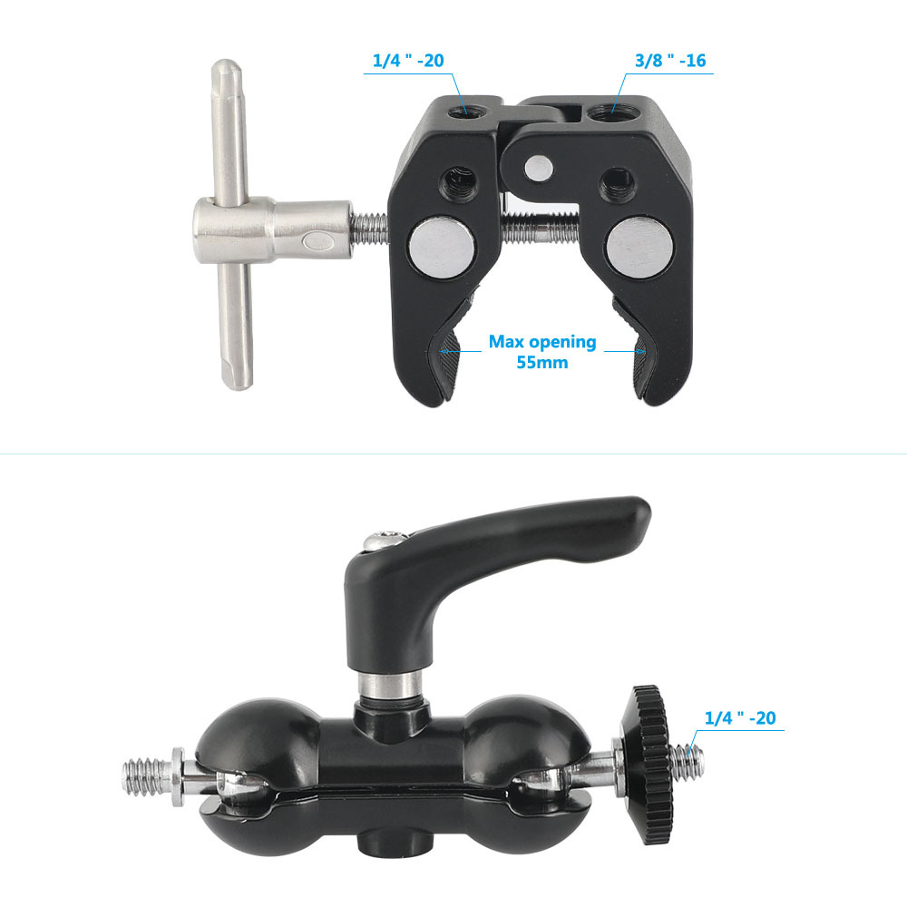 CAMVATE Upgraded Ball Head Mount 1/4" Threads With Super Robust Central Lock Knob + Super Crab Gripper Clamp Universal Use
