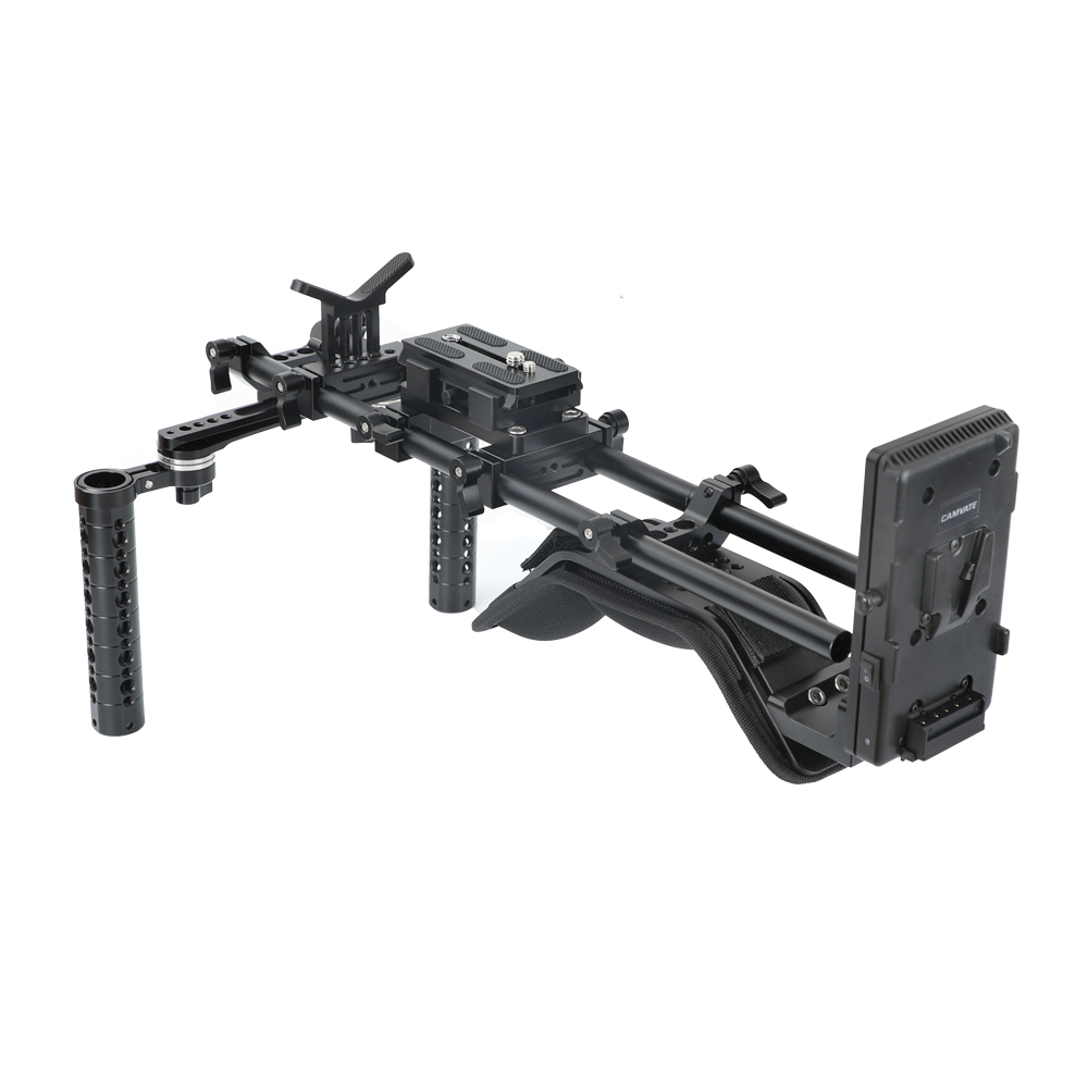 CAMVATE Pro Shoulder Mount Rig With Manfrotto Baseplate & Rosette Cheese Handgrip & V Lock Mount Power Distributor Adapter & Lens Support