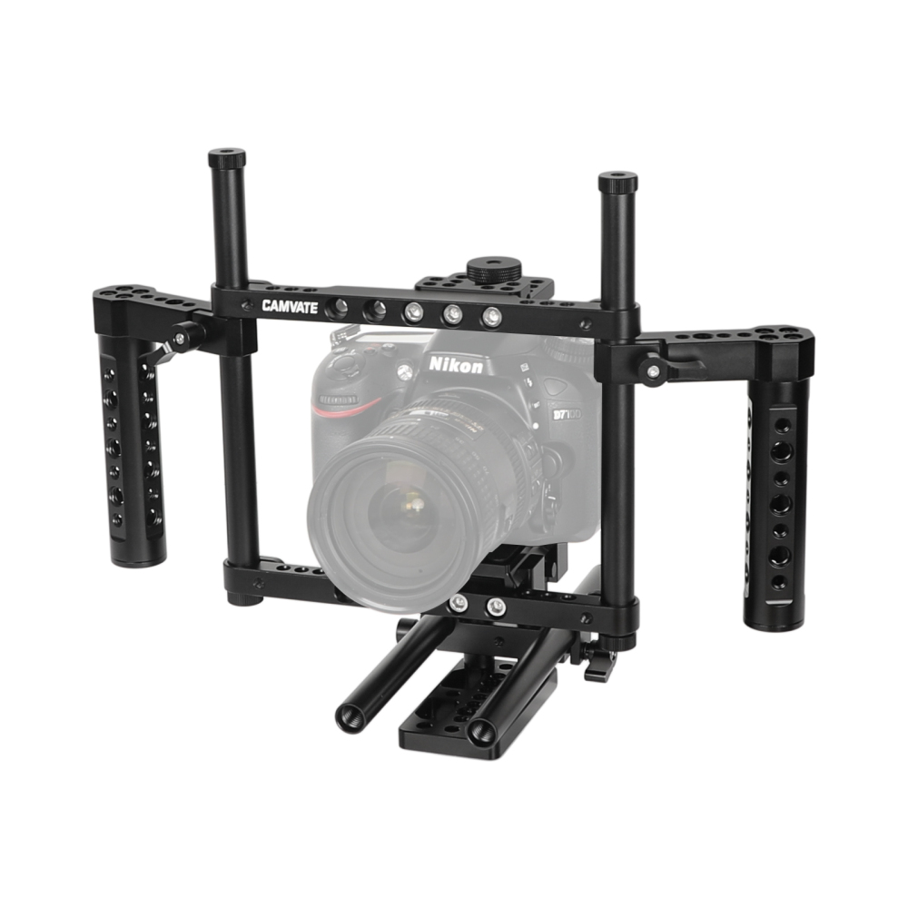 CAMVATE Hand-held Cage Kit With Quick Release Manfrotto Baseplate & Adjustable 15mm Dual Rod Support For DSLRs With Battery Grip