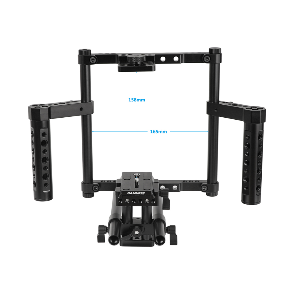 CAMVATE Hand-held Cage Kit With Quick Release Manfrotto Baseplate & Adjustable 15mm Dual Rod Support For DSLRs With Battery Grip