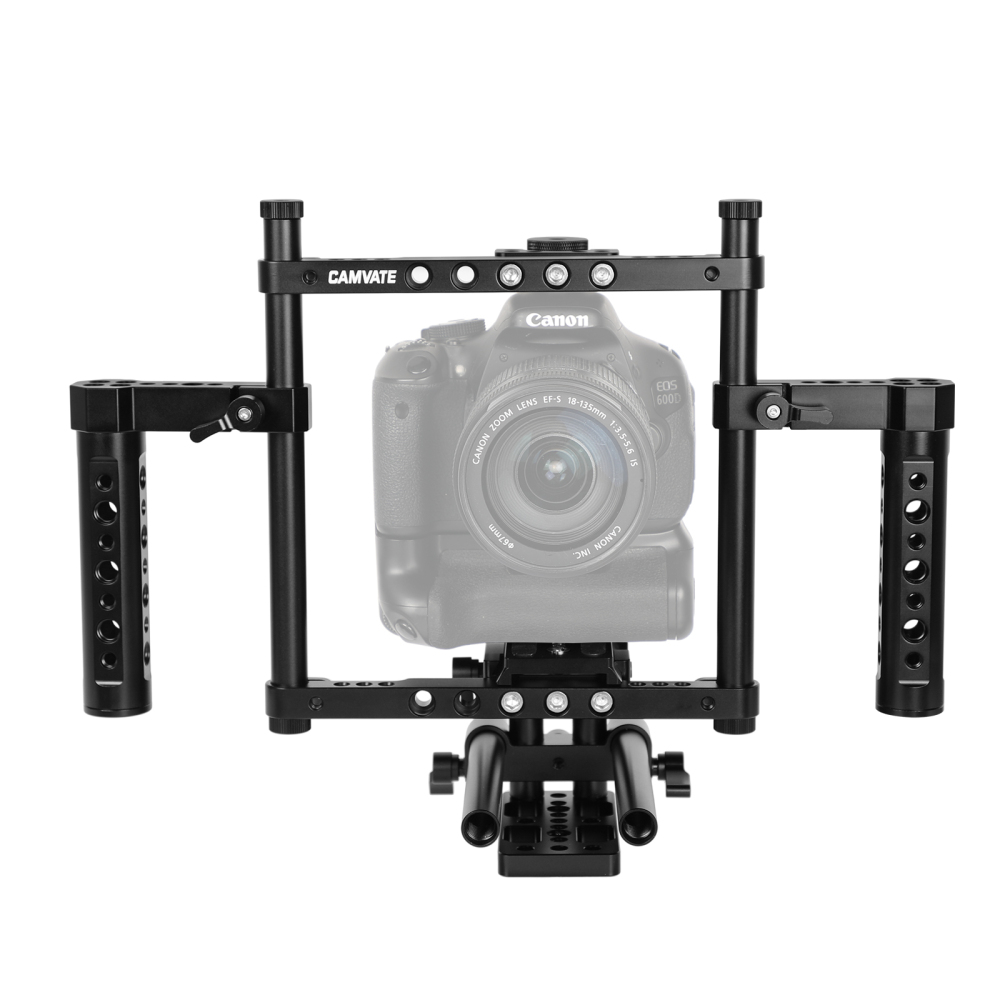CAMVATE Hand-held Cage Kit With Quick Release Manfrotto Baseplate & Adjustable 15mm Dual Rod Support For DSLRs With Battery Grip