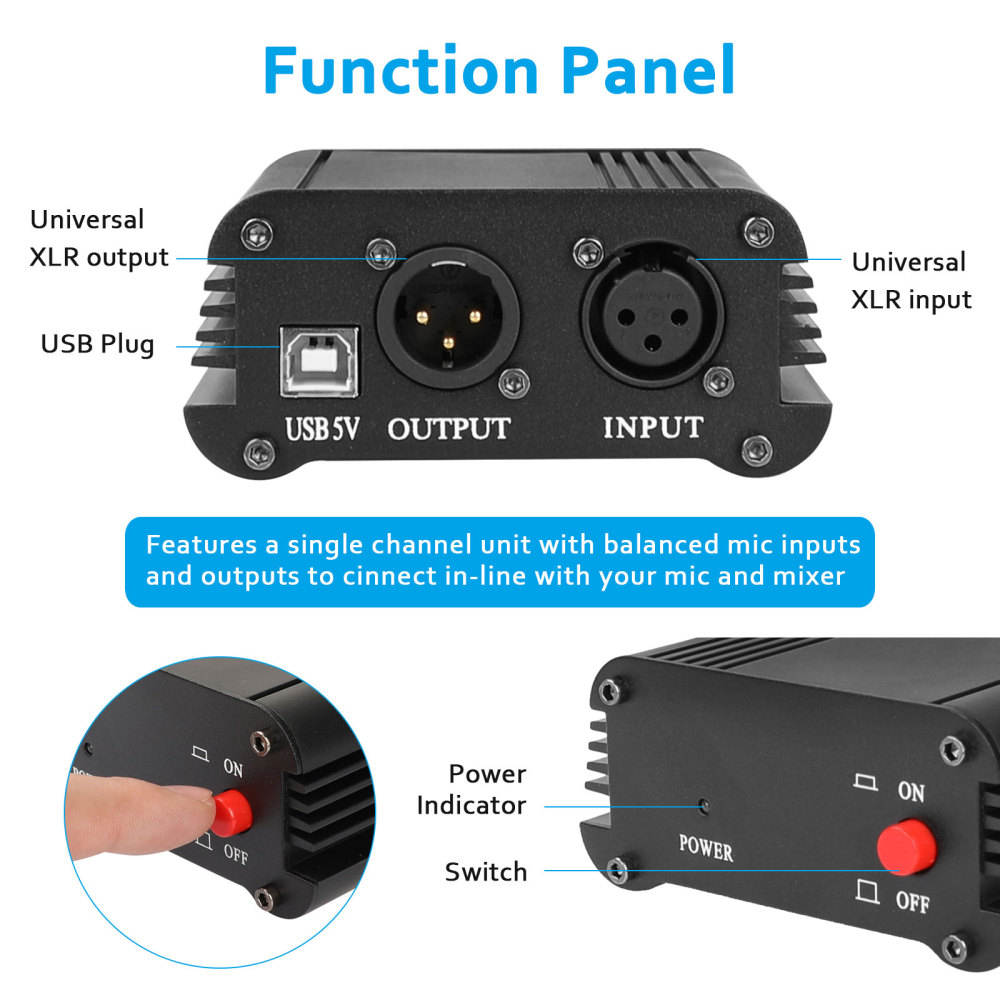 CAMVATE 48V Phantom Power Supply With USB Cable Adapter And 3 Pin Microphone Cable For Music / Audio Recording Equipment