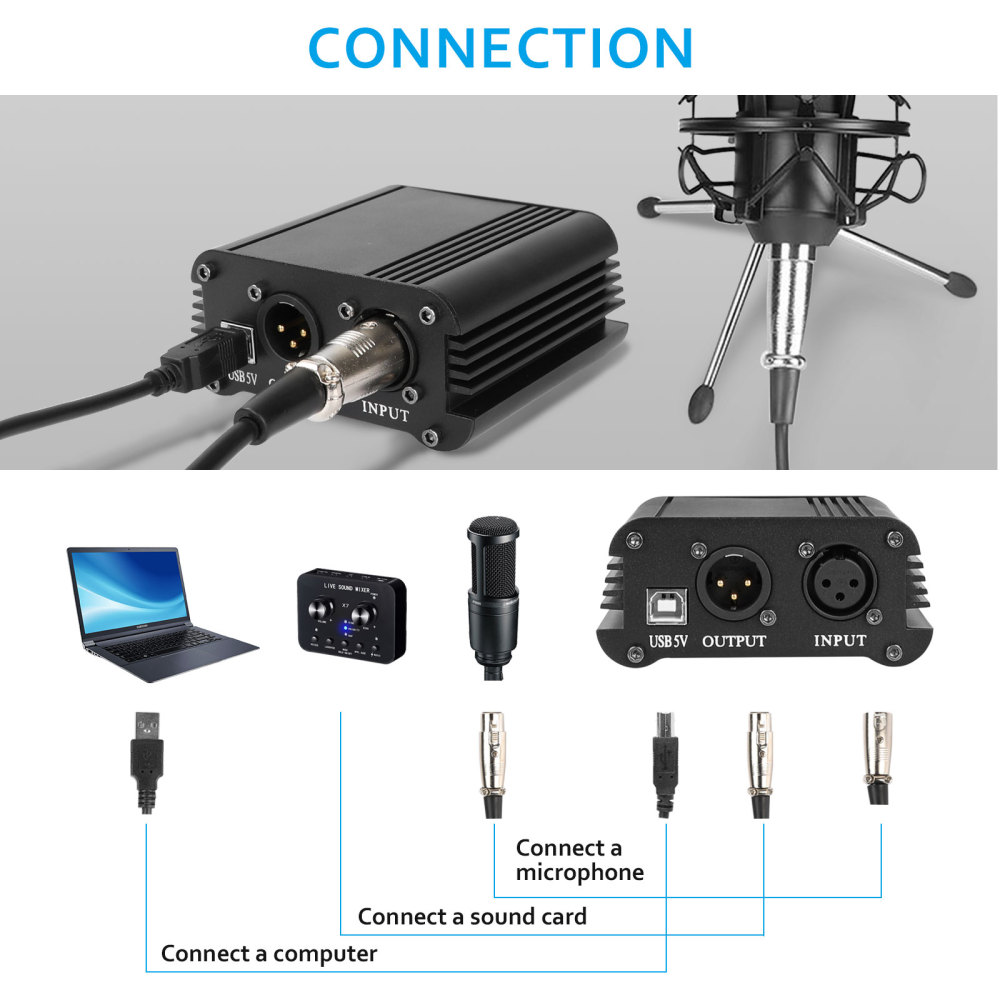 CAMVATE 48V Phantom Power Supply With USB Cable Adapter And 3 Pin Microphone Cable For Music / Audio Recording Equipment