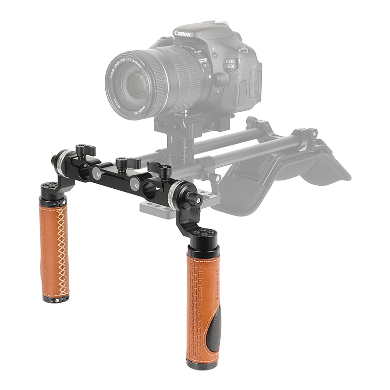 CAMVATE ARRI Style Rosette Handgrip Pair (Leather) With 15mm & 19mm Rod Clamp For Shoulder Mount Rig