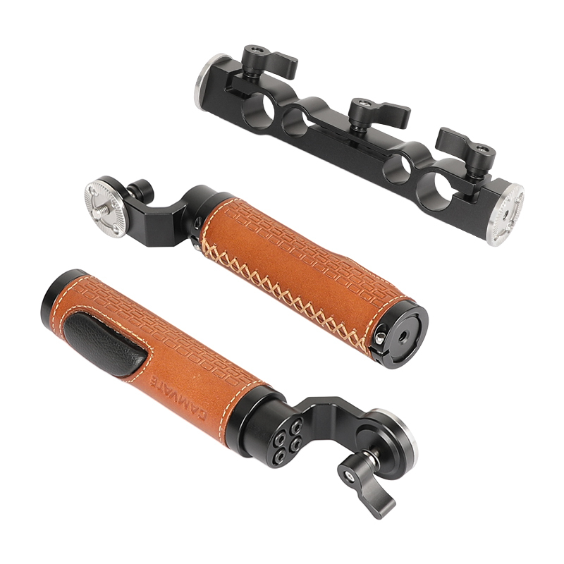 CAMVATE ARRI Style Rosette Handgrip Pair (Leather) With 15mm & 19mm Rod Clamp For Shoulder Mount Rig