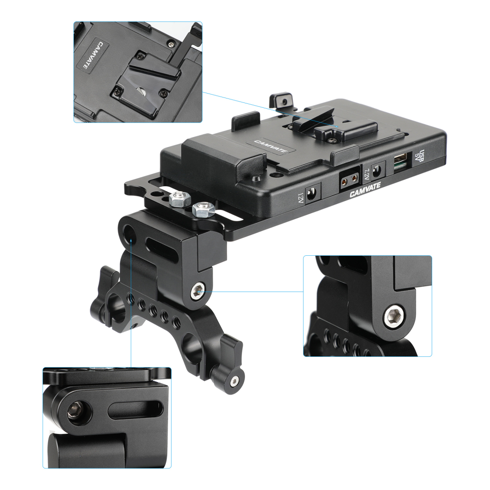 CAMVATE Quick Release V Mount Power Splitter Adapter With 90° Flip-open Adjustment And Rotating 15mm Rail Block
