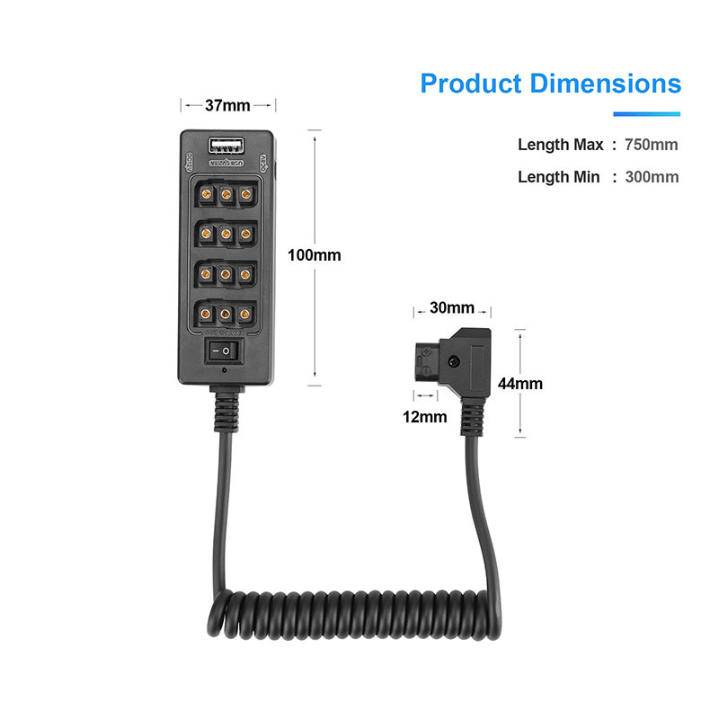 CAMVATE Multifunctional D-Tap Male To 4-Port D-Tap Female Coiled Splitter Cable With Switch Button / USB Port For V Mount Battery